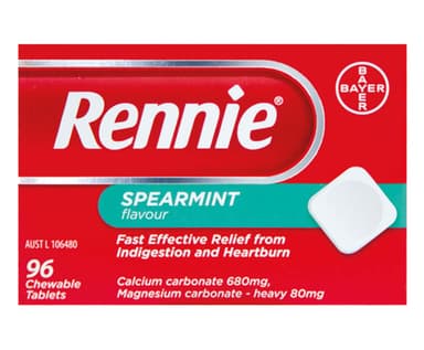 Rennie Indigestion & Heartburn Relief Spearmint 96 Chewable Tablets