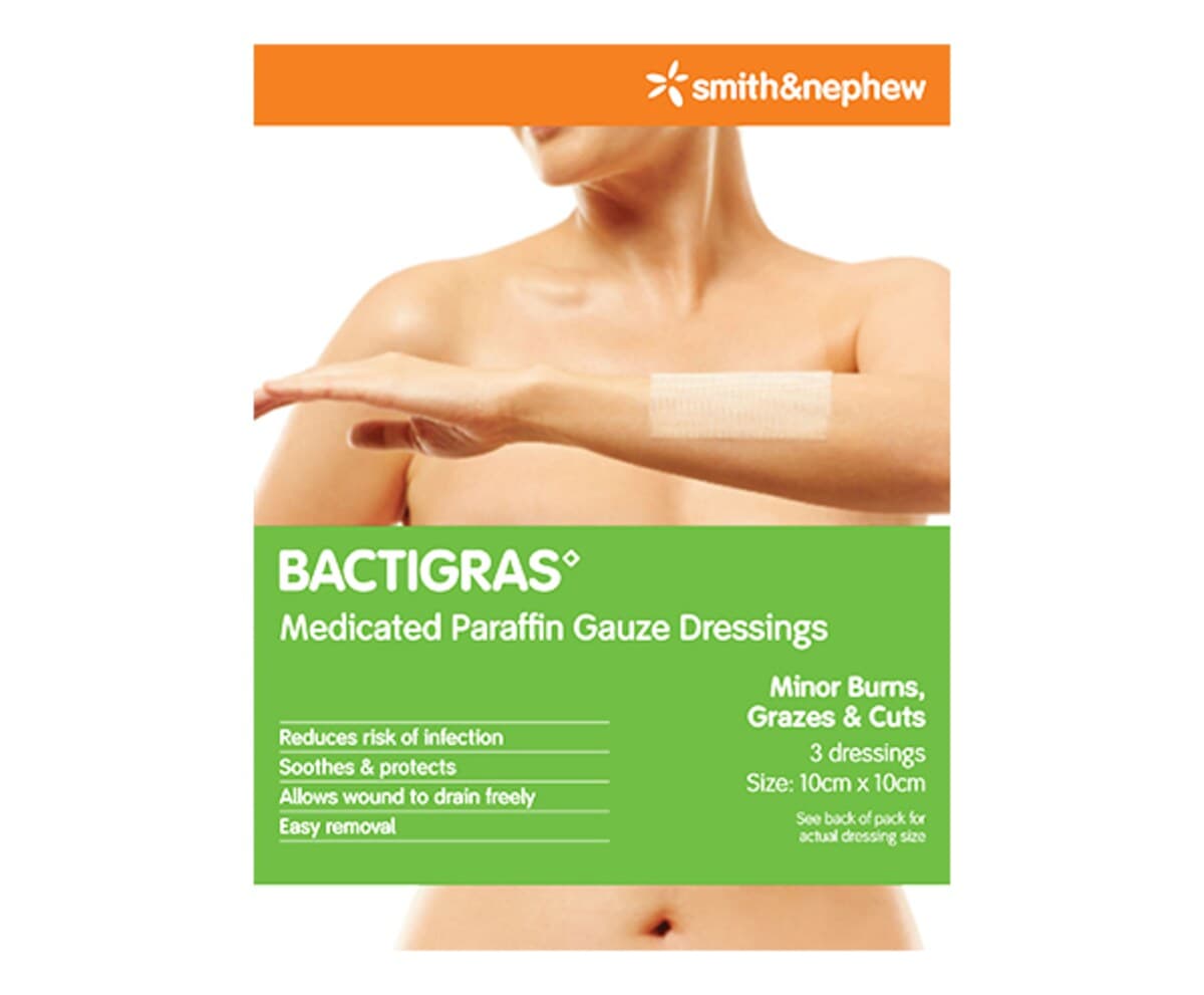 Bactigras Medicated Paraffin Gauze Dressings 10Cm X 10Cm 3 Pack By Smith & Nephew