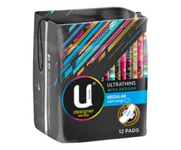 U By Kotex Ultrathins With Designs Regular Wing Pads 12 Pack