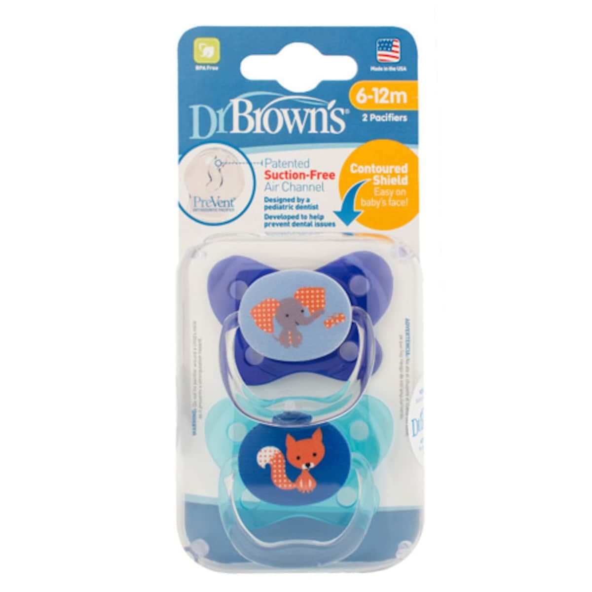 Dr Brown's Prevent Contoured Baby Pacifier 6-18 Months Blue 2 Pack