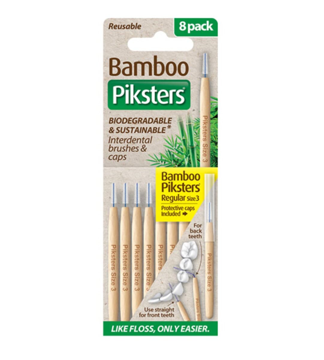 Piksters Bamboo Interdental Brush Size 3 Yellow 8 Pack