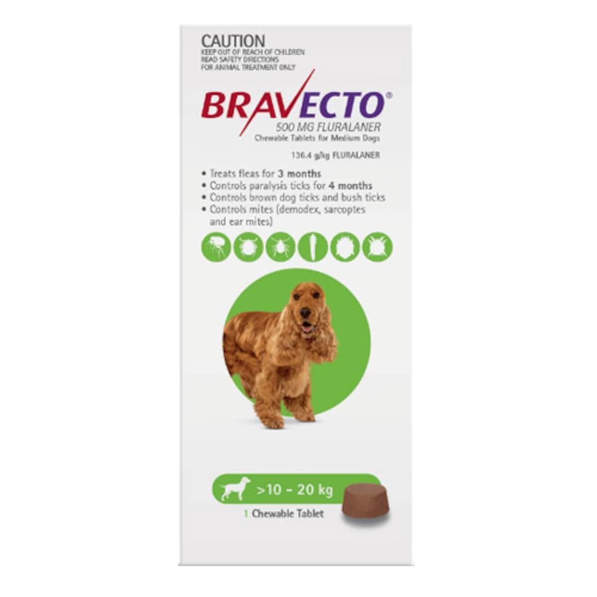 Bravecto For Medium Dogs 10Kg - 20Kg 1 Chewable Tablet