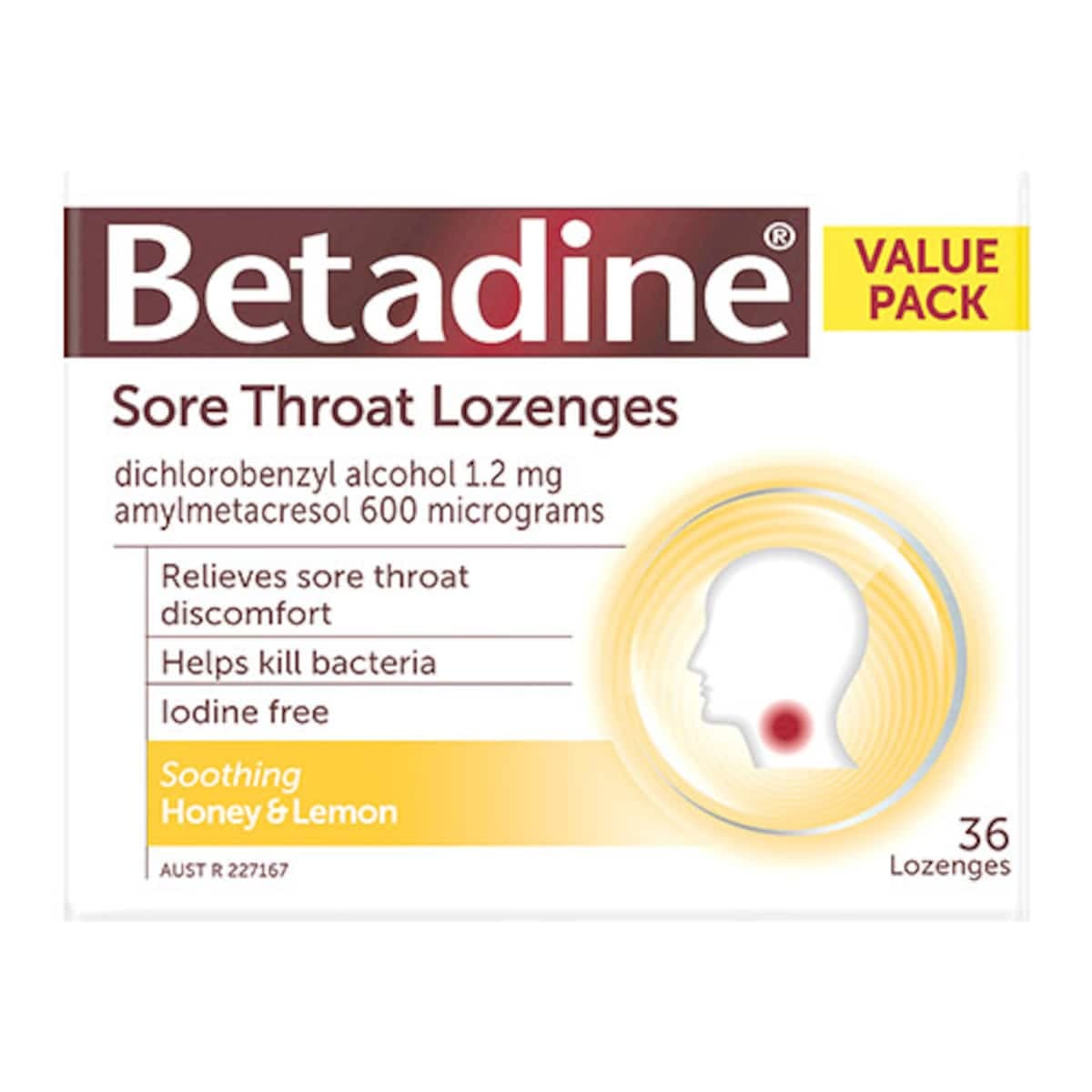 Betadine Sore Throat Lozenges Honey & Lemon 36 Pack