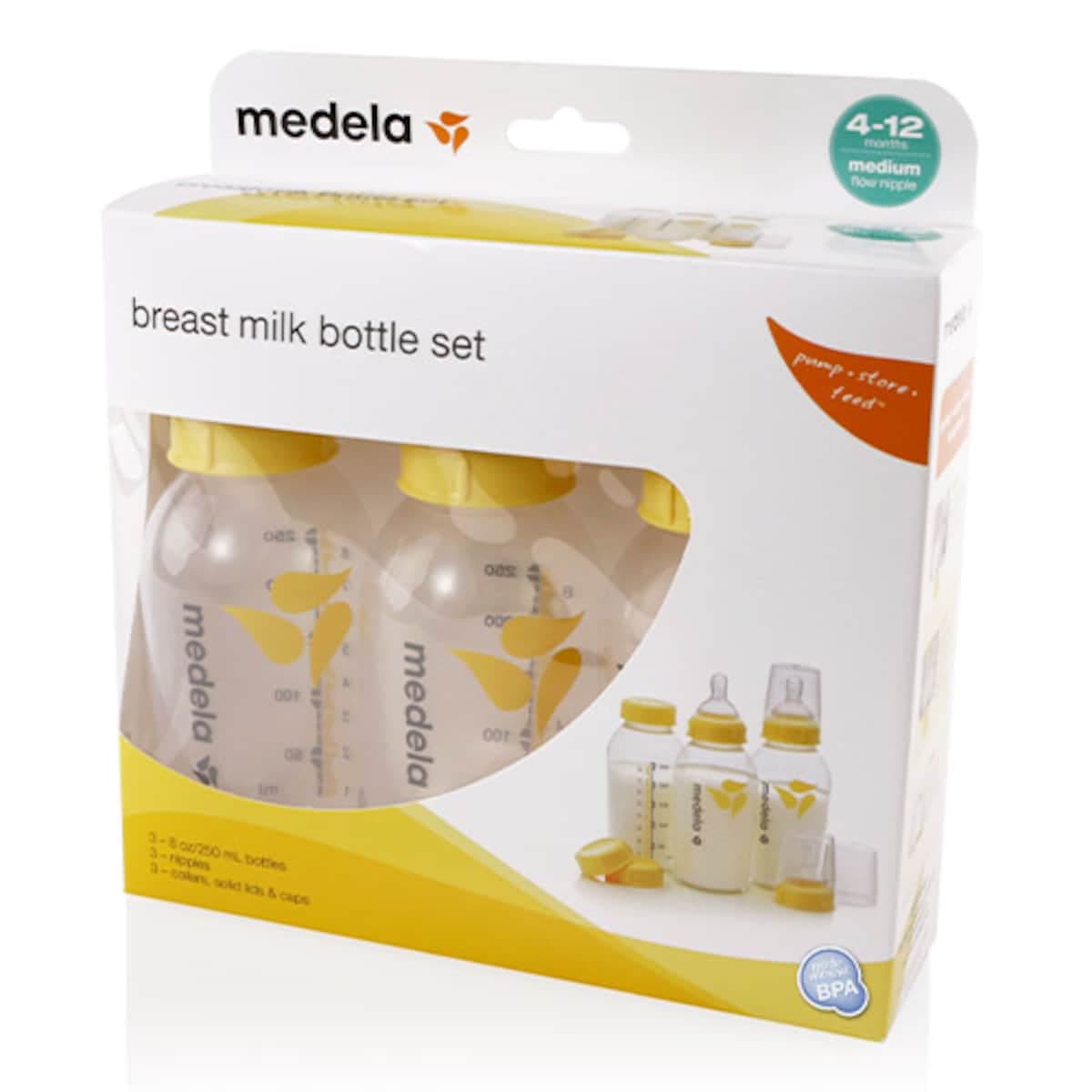 Medela Breastmilk Bottle 250Ml With Wide Base Medium Flow Teat 3 Pack