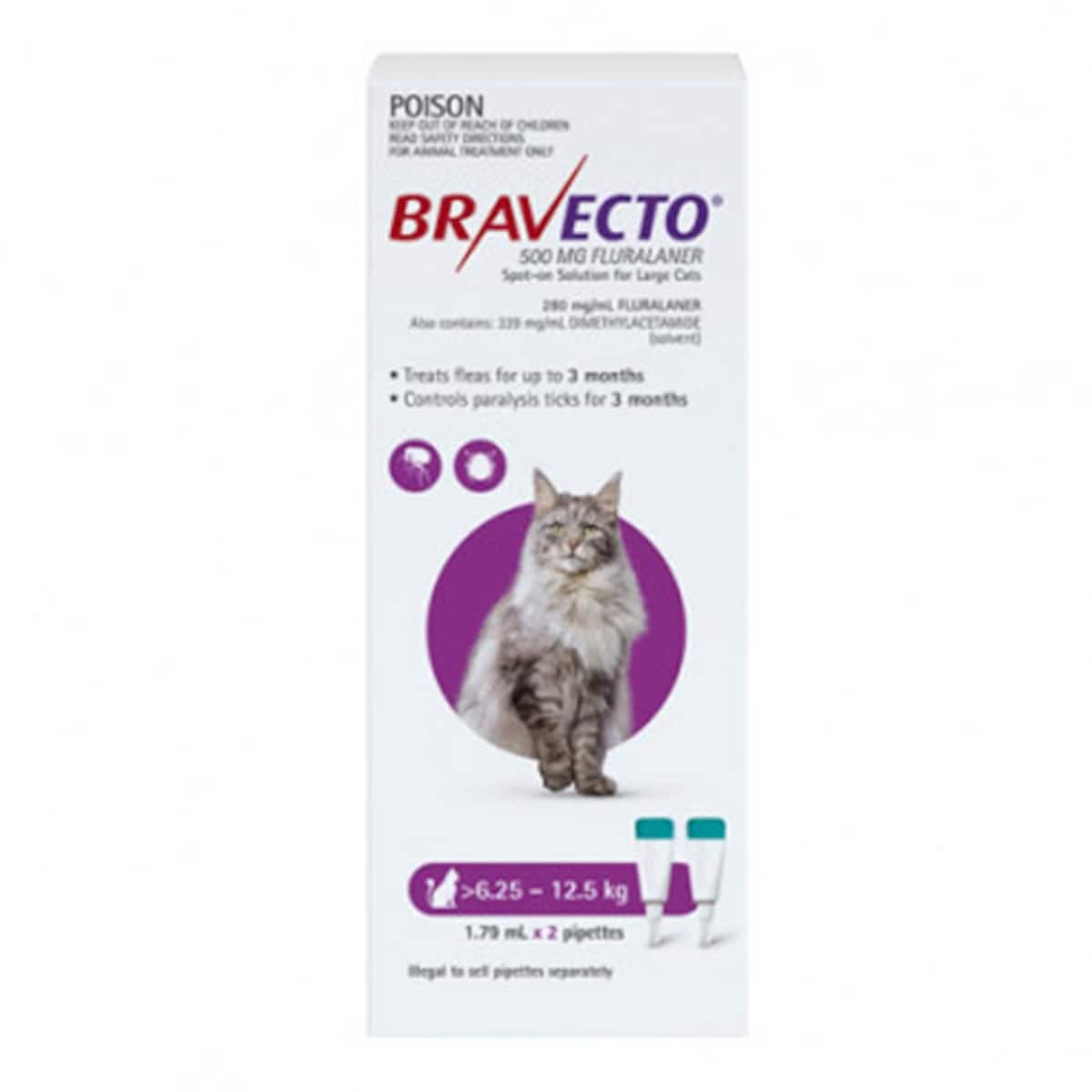 Bravecto Spot-On Cat Purple 6.25 - 12.5Kg 500Mg 2 Pack