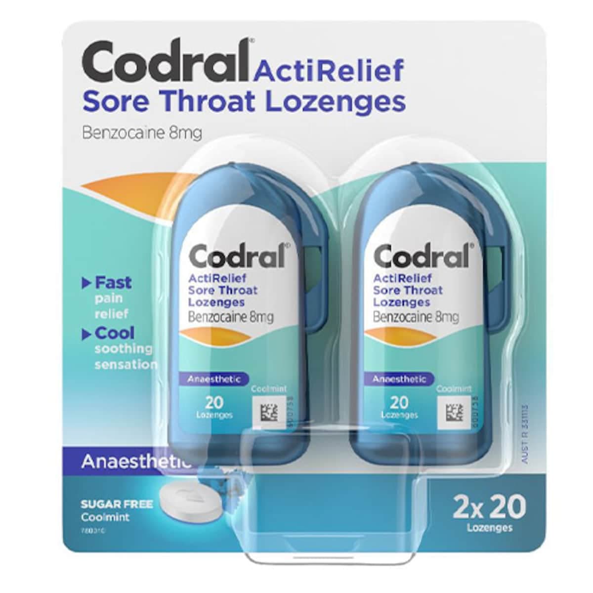 Codral Actirelief Sore Throat Lozenges Anaesthetic Coolmint 2 X 20 Pack