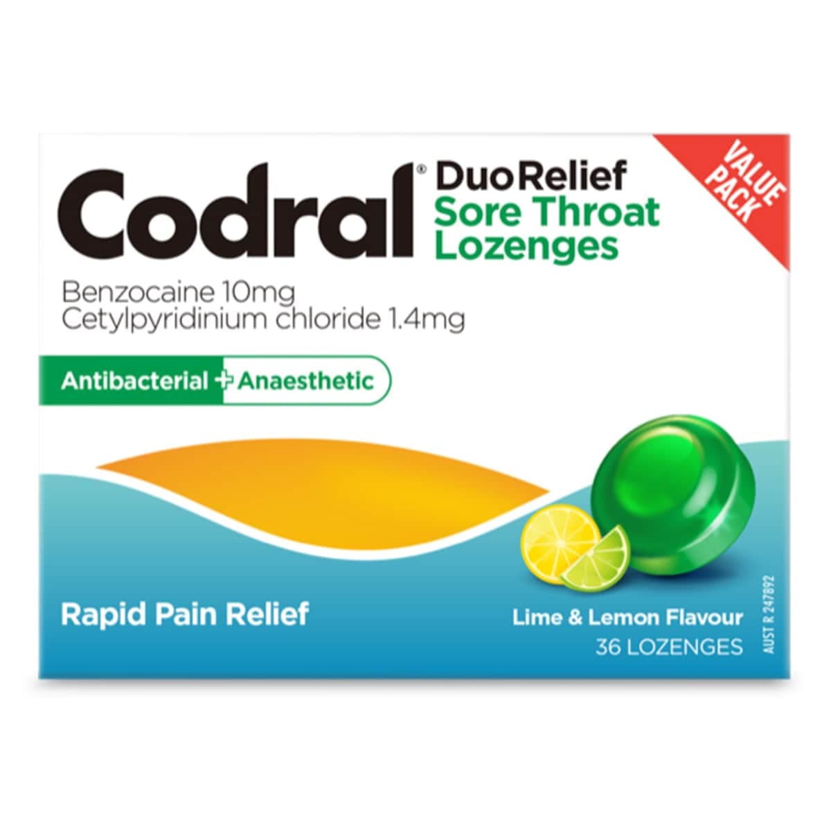 Codral Sore Throat Lozenges Antibacterial + Anaesthetic Lime & Lemon 36 Pack