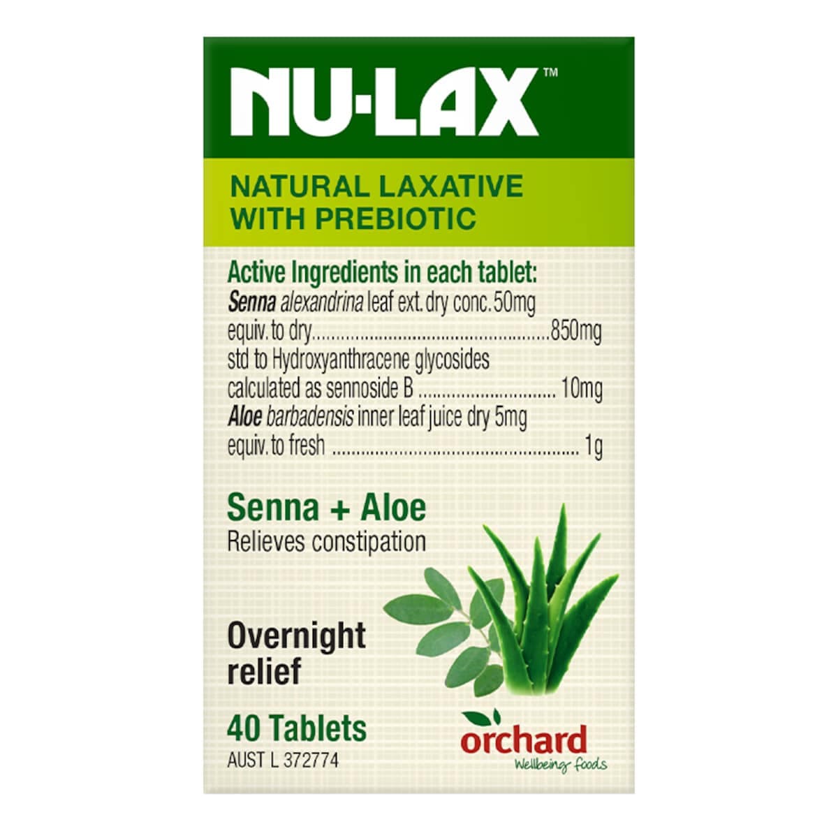 Nu-Lax Natural Laxative With Prebiotic Senna & Aloe 40 Tablets