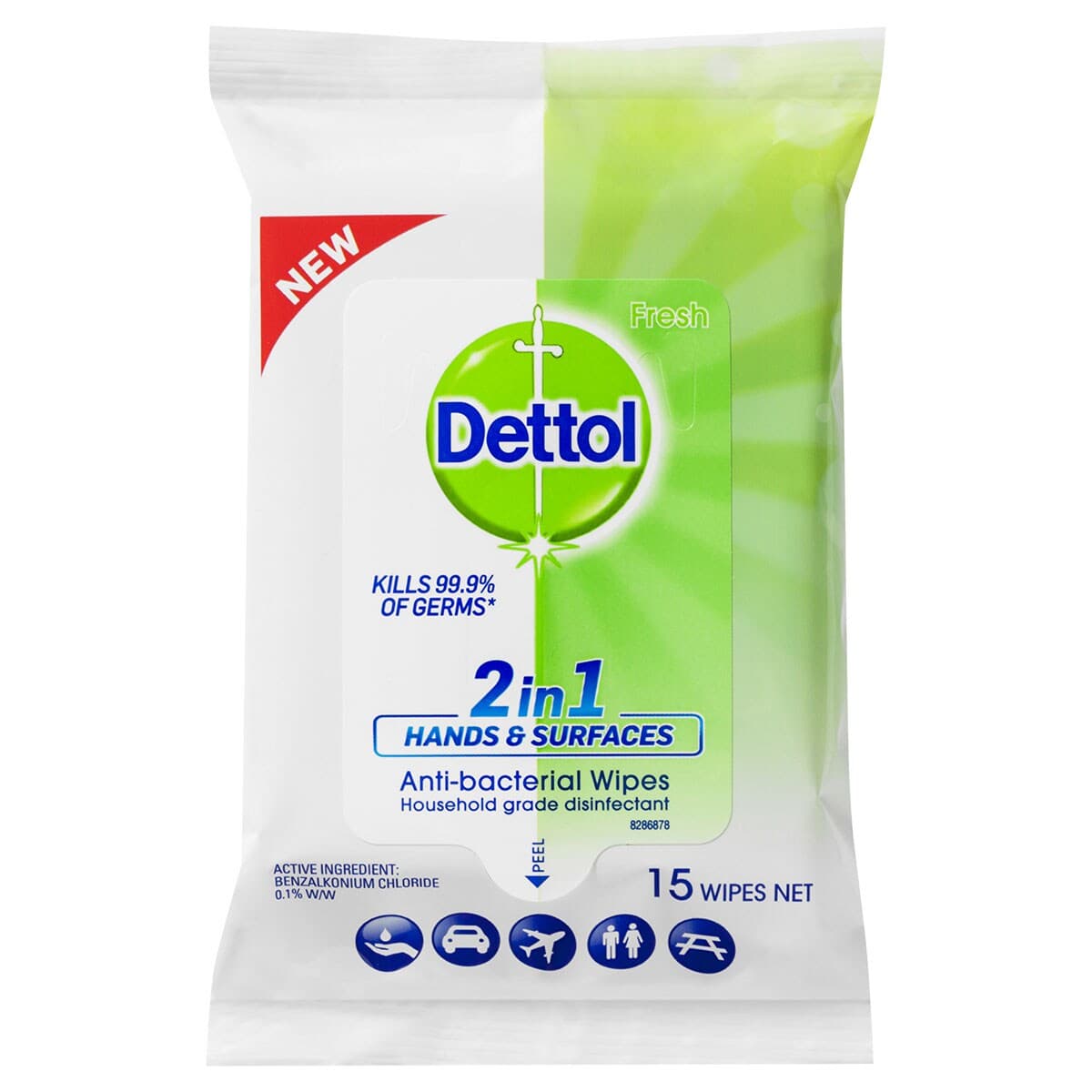 Dettol 2 In 1 Hand & Surface Antibacterial Wipes 15 Pack