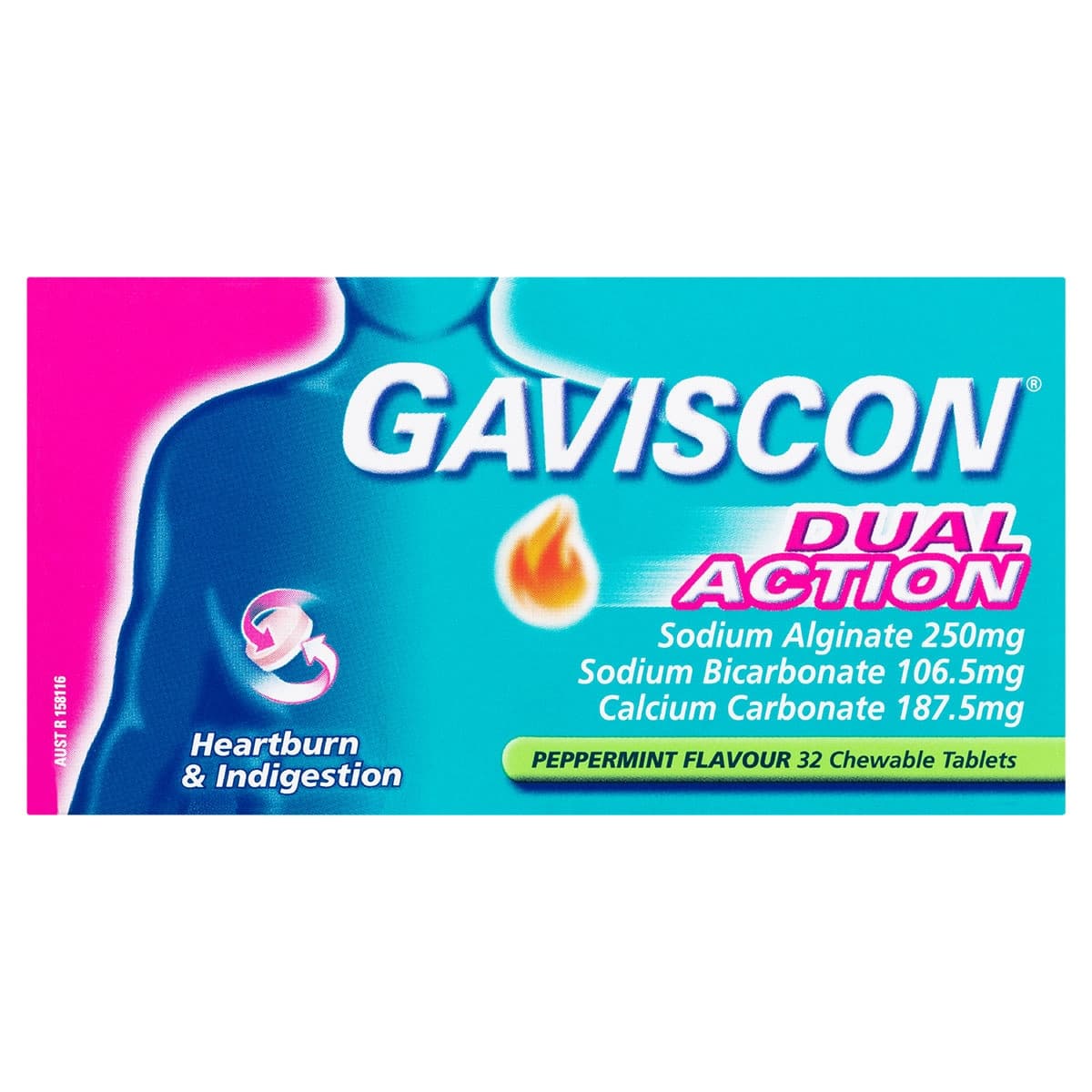 Gaviscon Dual Action Heartburn & Indigestion Peppermint 32 Chewable Tablets