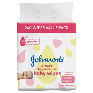 Johnsons Skincare Fragrance Free Baby Wipes 3 X 80 Soft Cloth Wipes