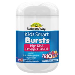 Natures Way Kids Smart Bursts Omega 3 Fish Oil High Dha Trio's 180 Chewable Capsules