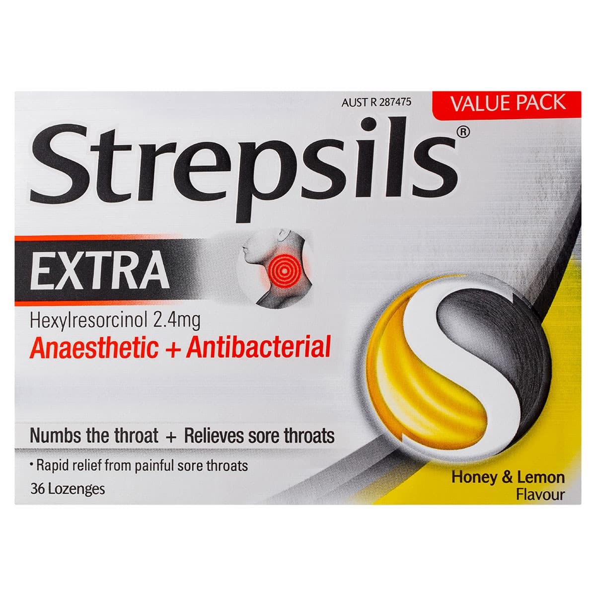 Strepsils Extra Rapid Sore Throat Relief With Anaesthetic Honey & Lemon 36 Lozenges