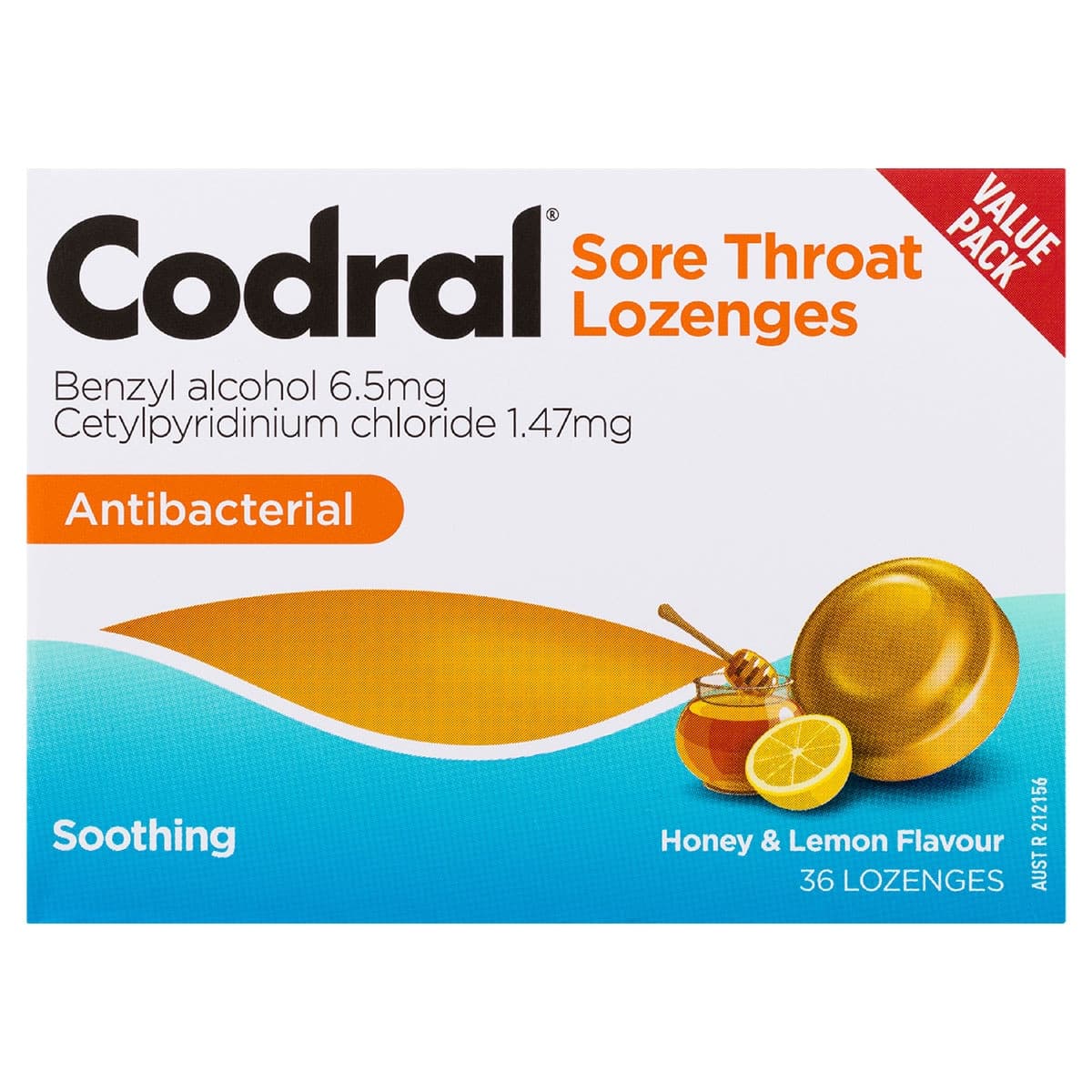 Codral Sore Throat Lozenges Antibacterial Honey & Lemon 36 Pack