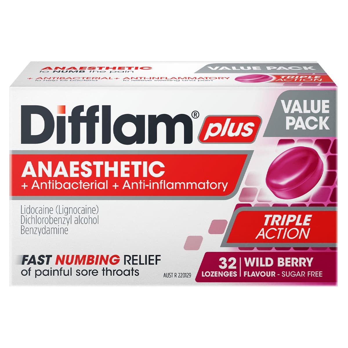 Difflam Plus Anaesthetic Sore Throat Lozenges Berry 32 Value Pack