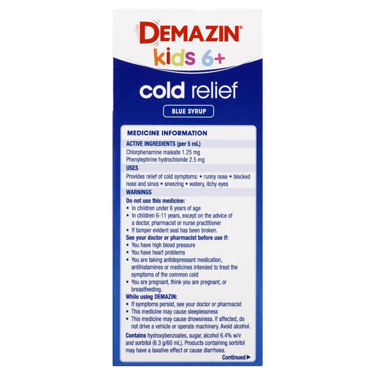 Thumbnail Demazin Kids 6+ Years Cold Relief Blue Syrup Peach & Vanilla 200ml