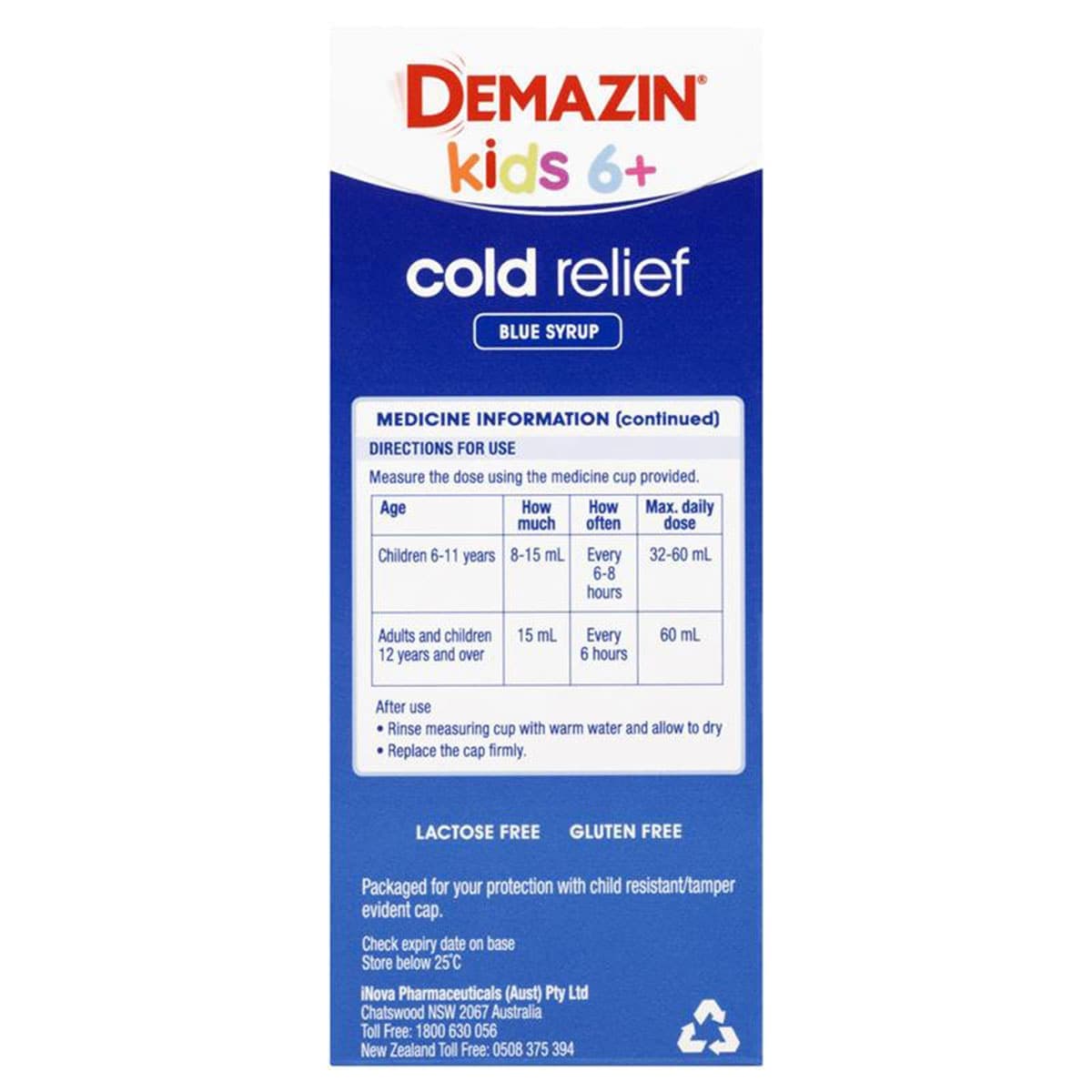 Thumbnail Demazin Kids 6+ Years Cold Relief Blue Syrup Peach & Vanilla 200ml