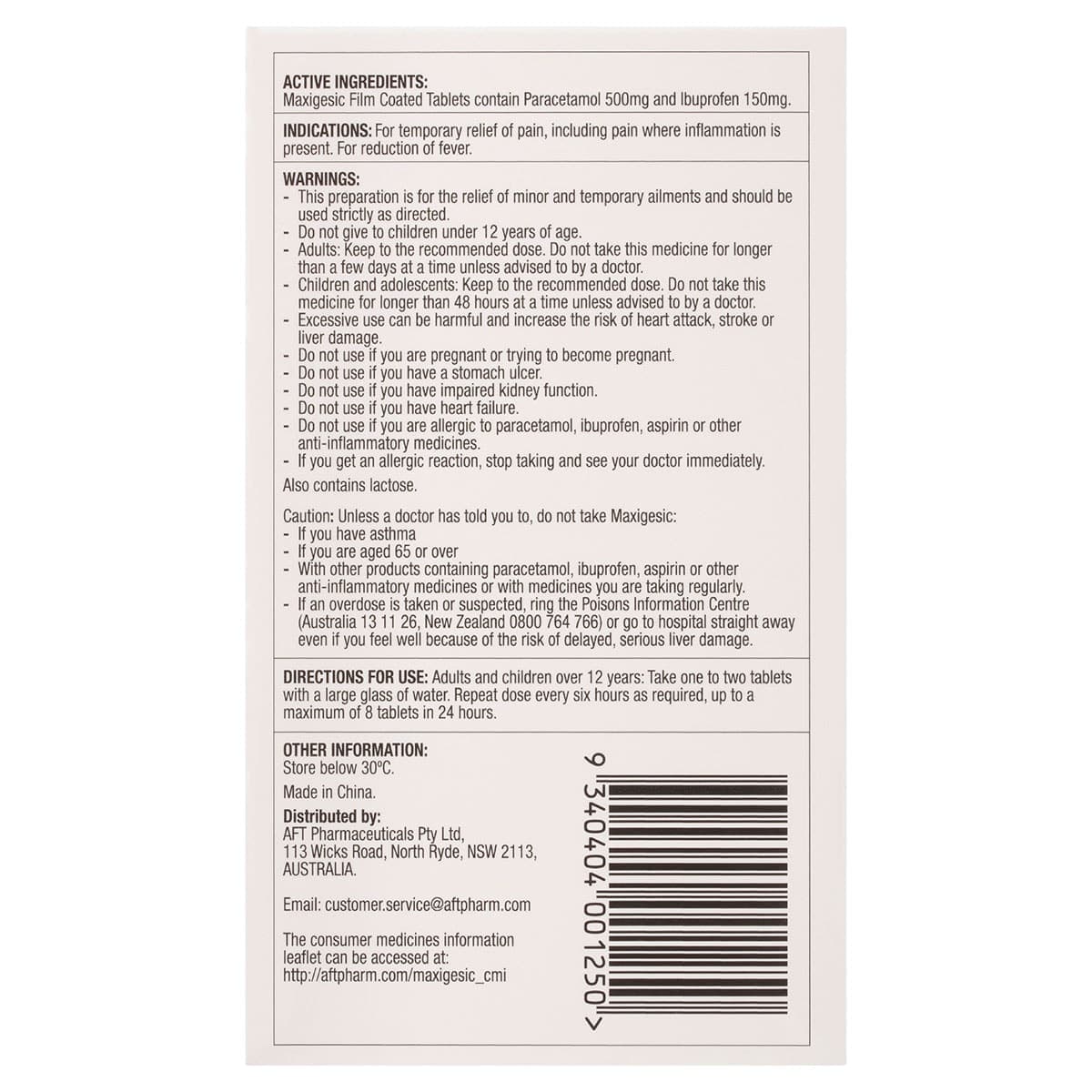 Thumbnail Maxigesic Paracetamol (500mg) Ibuprofen (150mg) Double Action Pain & Fever Relief 30 Tablets