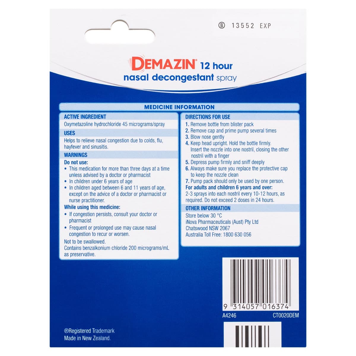 Thumbnail Demazin 12 Hour Relief Nasal Decongestant Spray 2 x 20ml Value Pack