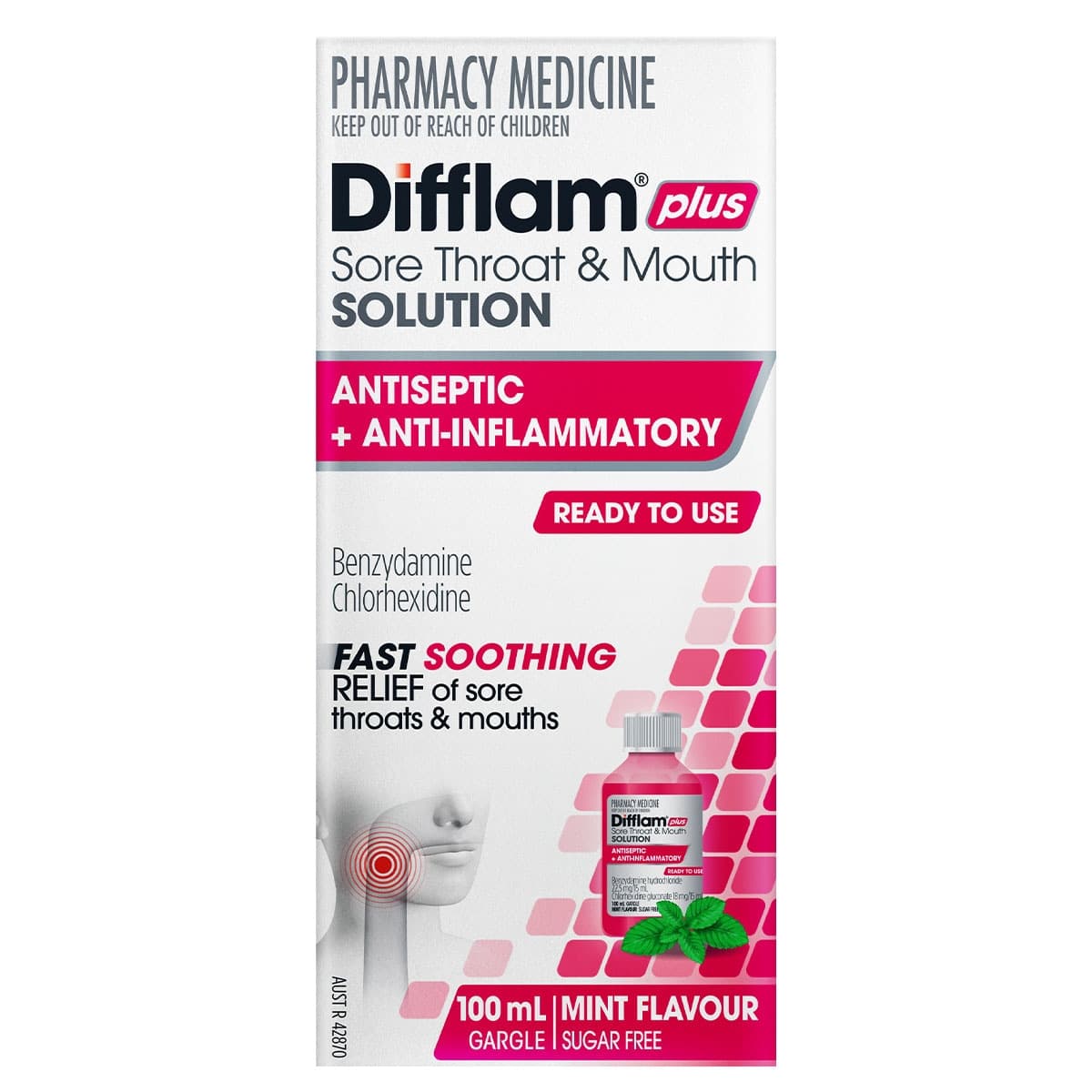 Difflam Plus Sore Throat & Mouth Solution + Antiseptic & Anti-Inflammatory 100ml