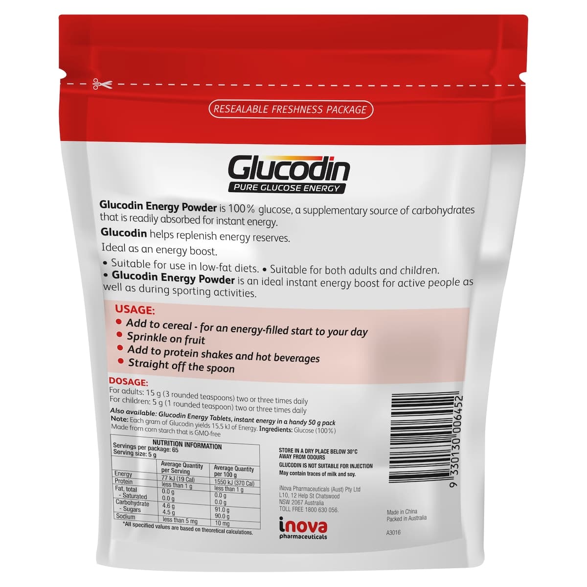 Thumbnail Glucodin Pure Glucose Energy Powder 325G Zip Lock Bag