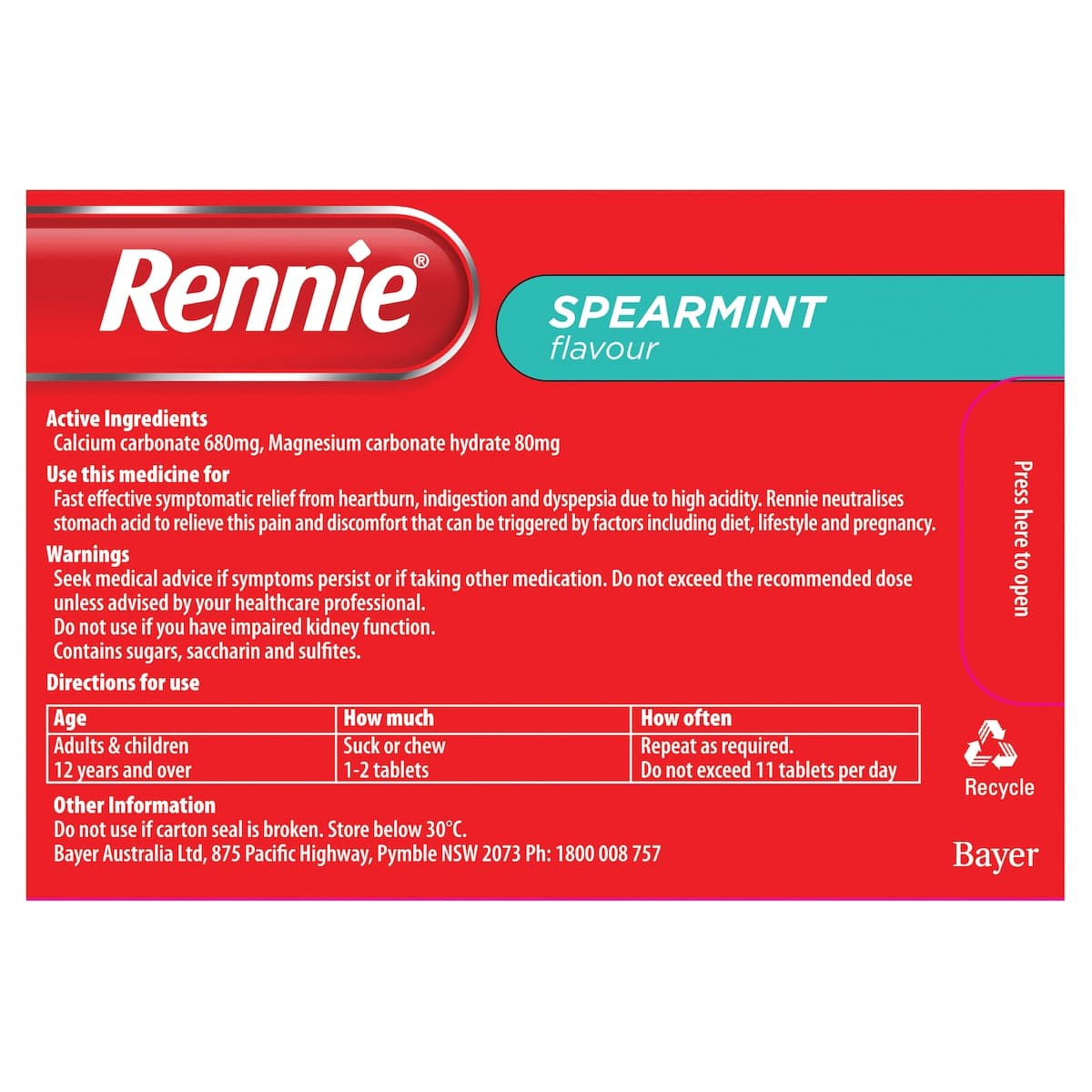 Thumbnail Rennie Indigestion & Heartburn Relief Spearmint 48 Chewable Tablets