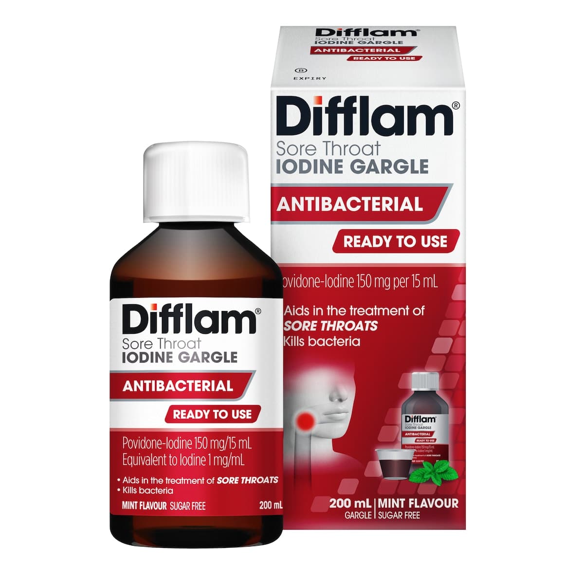 Thumbnail Difflam Ready To Use Sore Throat Gargle With Iodine Fresh Mint 200Ml