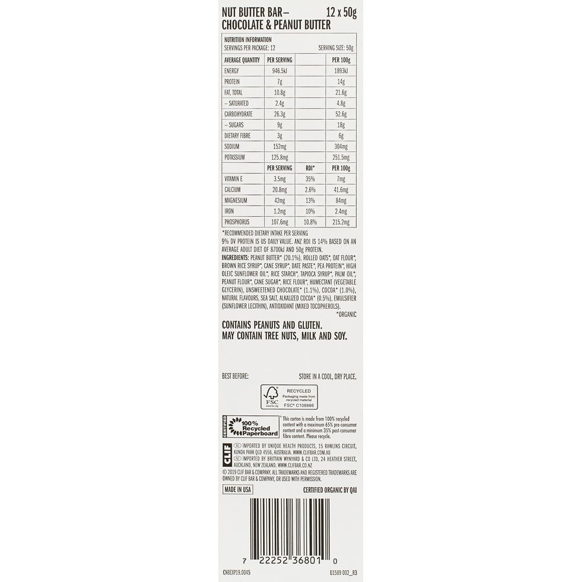 Thumbnail Clif Nut Butter Bar Chocolate & Peanut Butter 12 X 50G