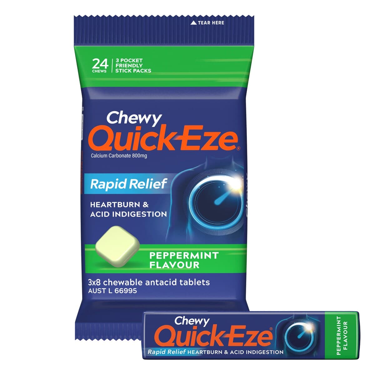 Thumbnail Quick-Eze Rapid Relief Peppermint 3 X 8 Chewable Antacid Tablets