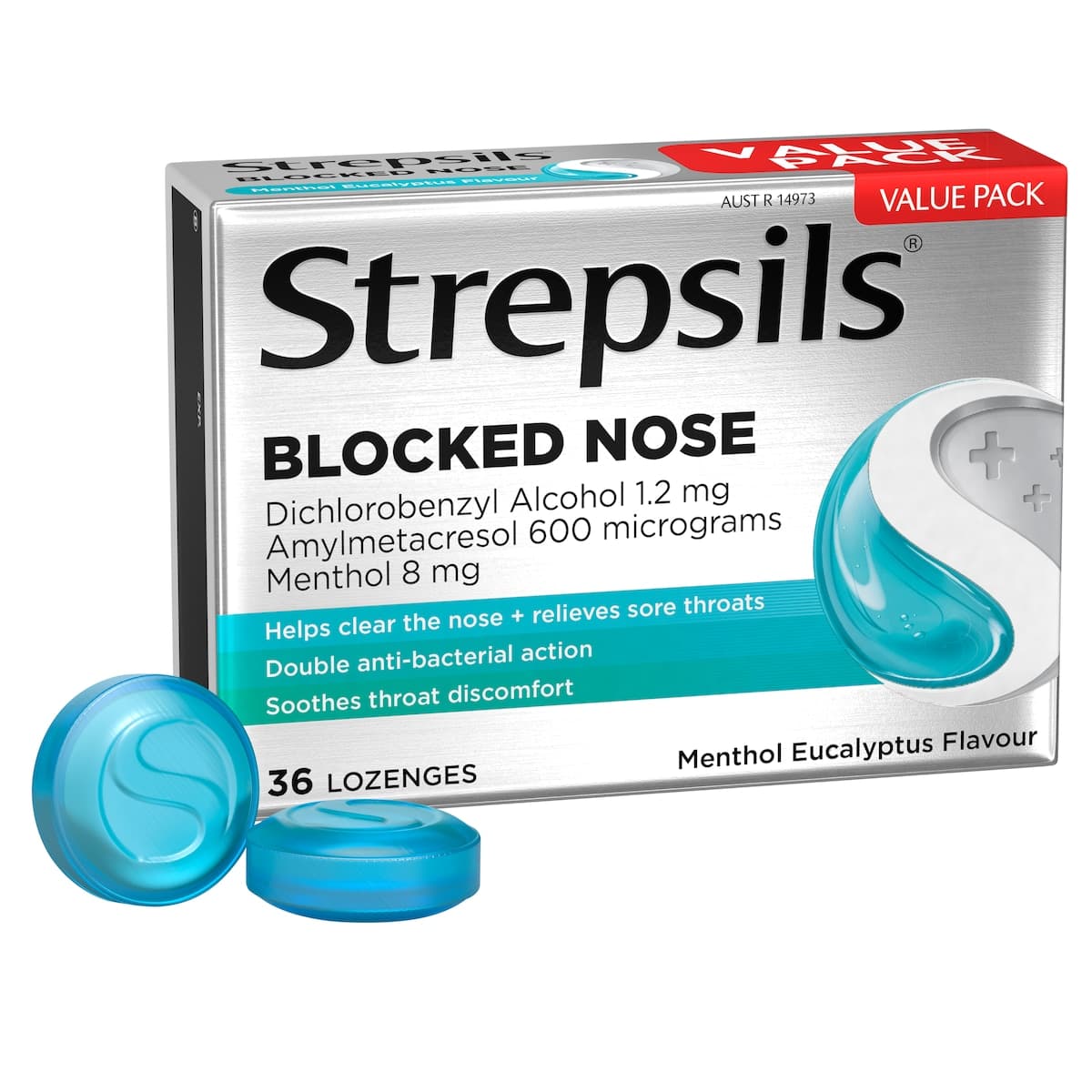 Thumbnail Strepsils Plus Blocked Nose Relief Menthol Eucalyptus 36 Lozenges