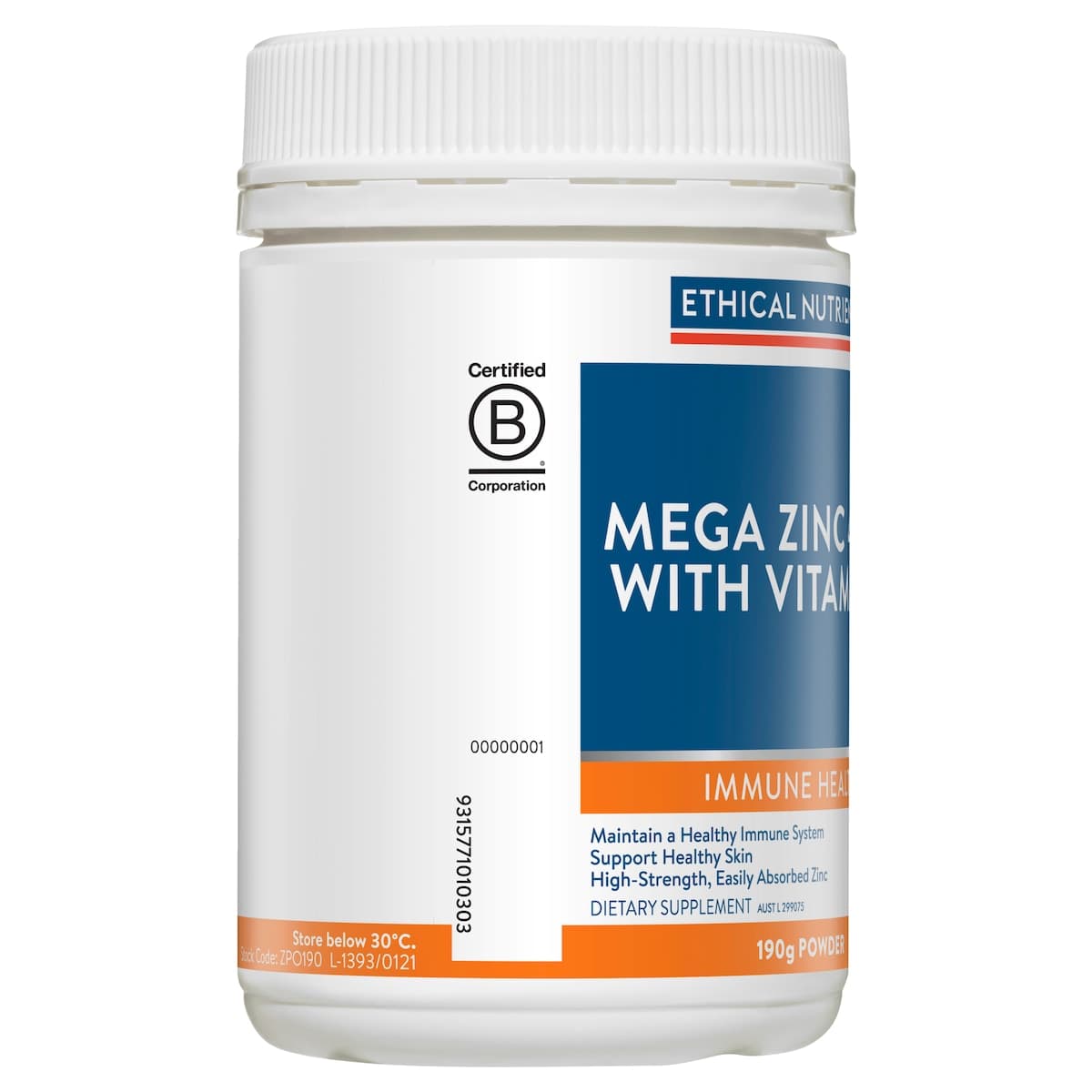 Thumbnail Ethical Nutrients Mega Zinc 40Mg With Vitamin C Orange 190G Powder