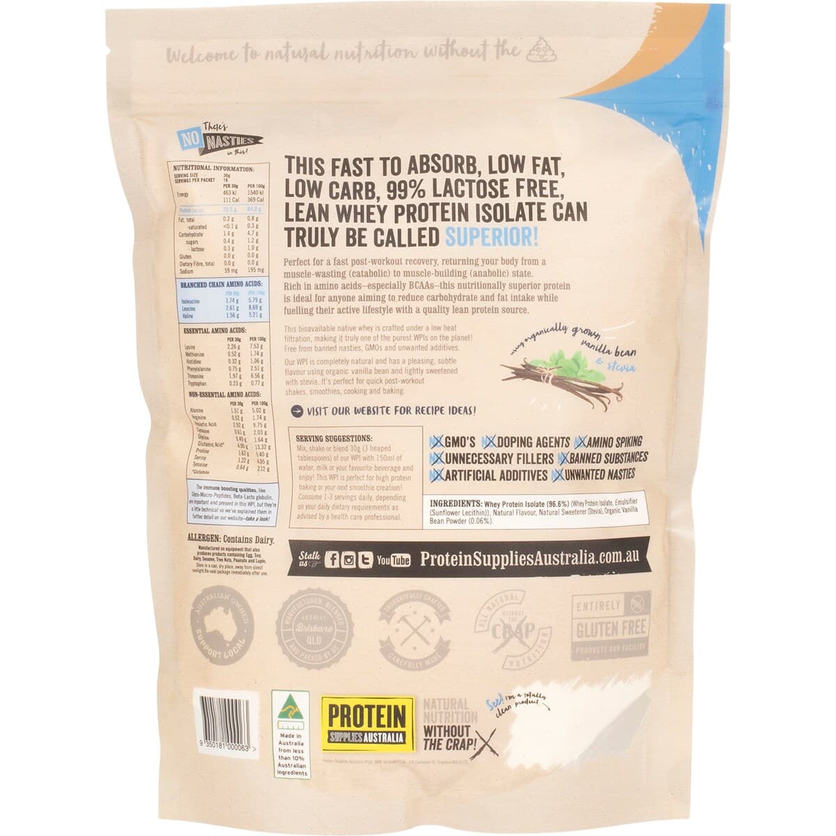 Thumbnail Protein Supplies Australia Whey Protein Isolate Vanilla Bean 500G