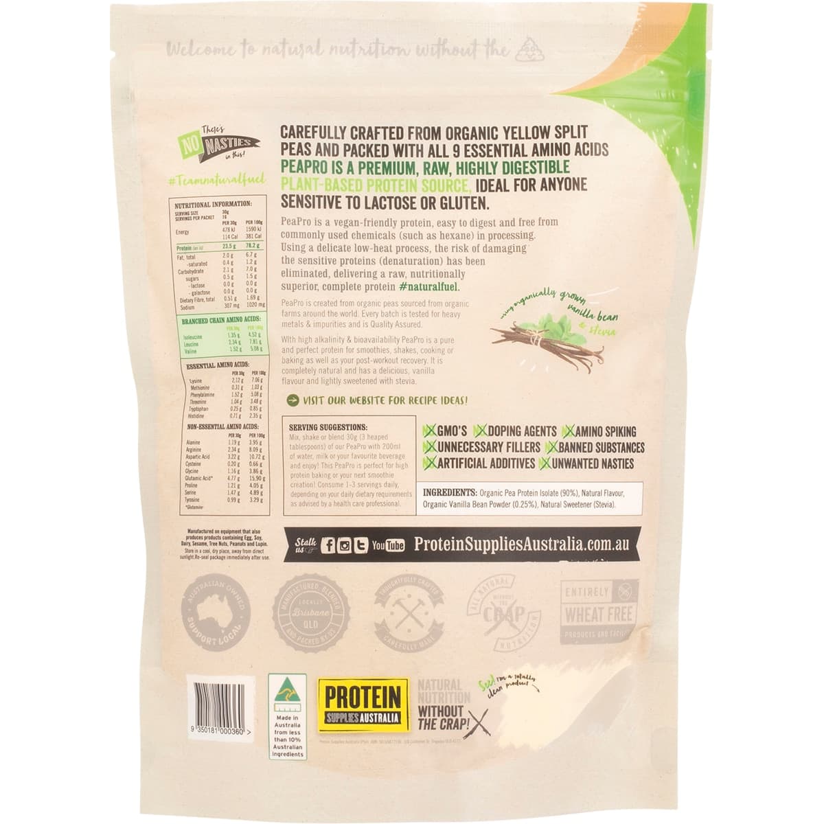 Thumbnail Protein Supplies Australia Peapro Vegan Pea Protein Vanilla Bean 500G