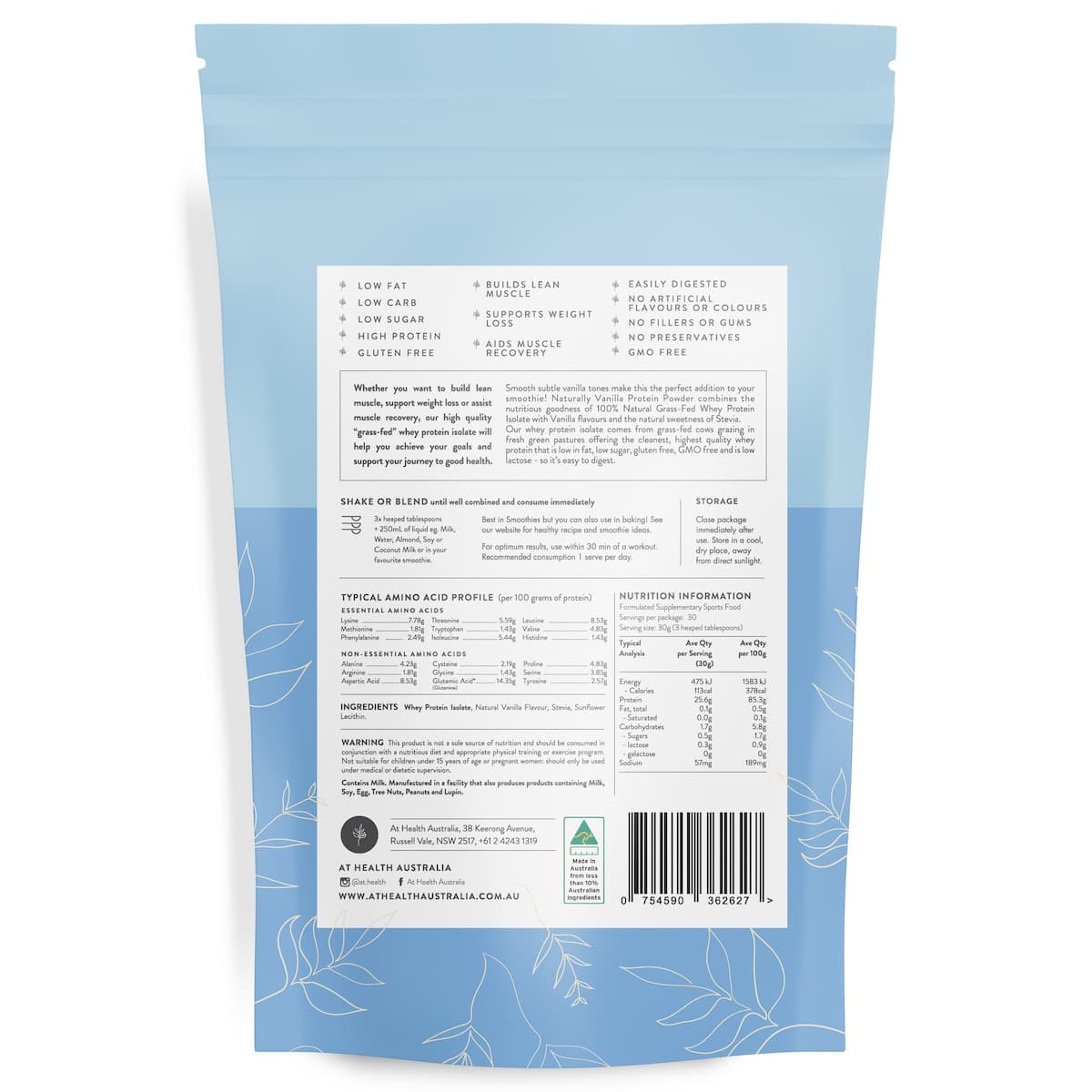 Thumbnail At Health Australia Naturally Vanilla Grass-Fed Whey Protein Isolate 900G