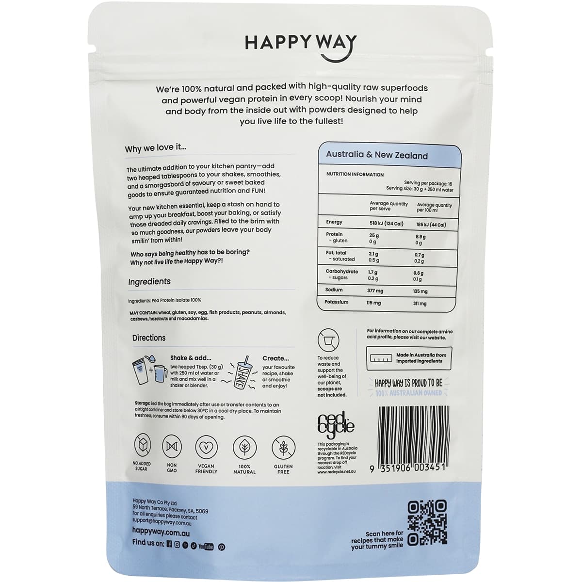 Happy Way Vegan Protein Powder Flavourless 500G