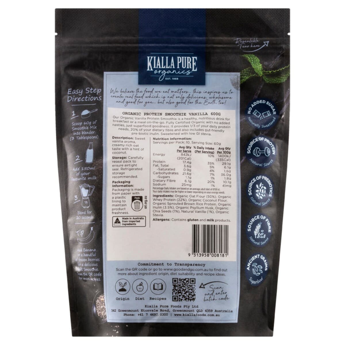 Thumbnail Kialla Organic Protein Smoothie Vanilla 600G