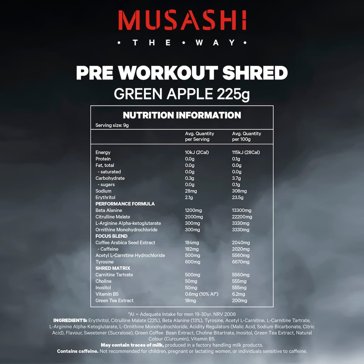 Musashi Pre Workout Shred Green Apple 225G