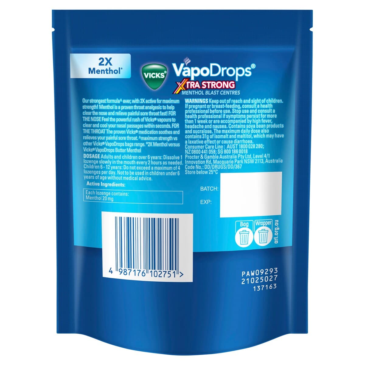 Thumbnail Vicks Vapodrops Xtra Strong Menthol Blast 16 Lozenges